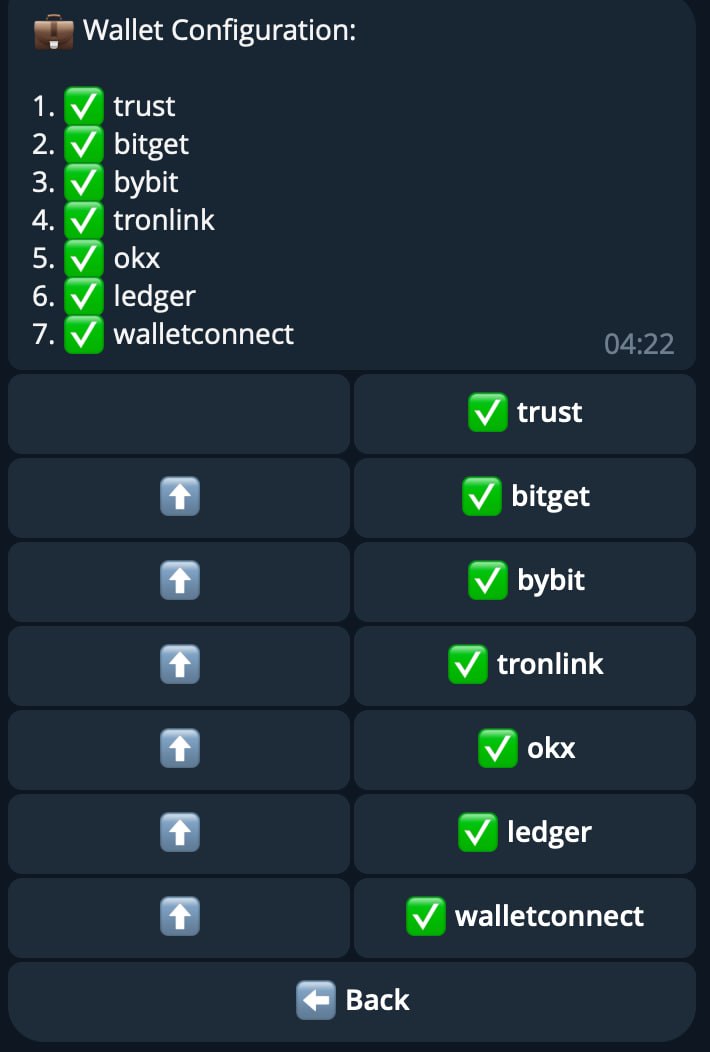 Bot Telegram - Wallet Configuration: trust, bitget, bybit, tronlink, okx, ledger, walletconnect tutti abilitati