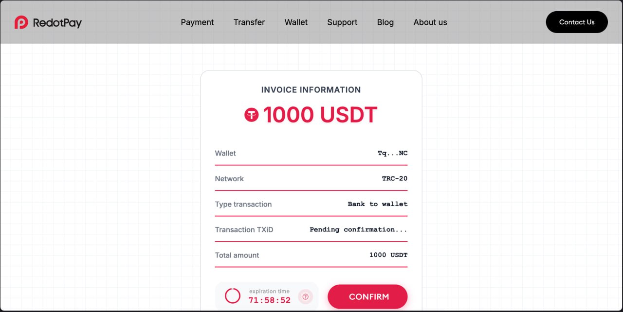 Fake RedotPay invoice 1000 USDT