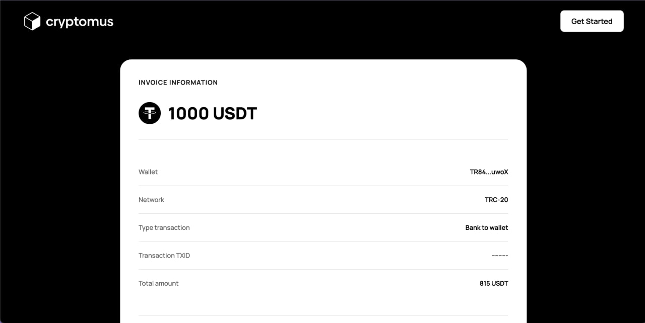 Fake Cryptomus invoice 1000 USDT