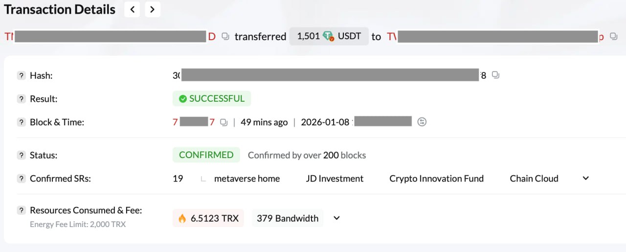 Tronscan: 1,501 USDT transfer - 08 Jan 2026