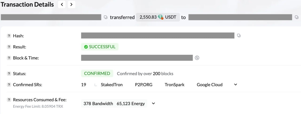 Tronscan: 2,550 USDT transfer - 23 Jan 2026