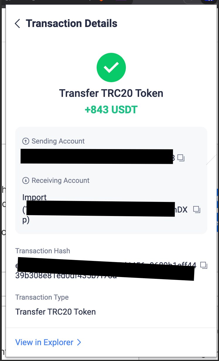 TronLink: 843 USDT TRC20 transfer - 28 Jan 2026