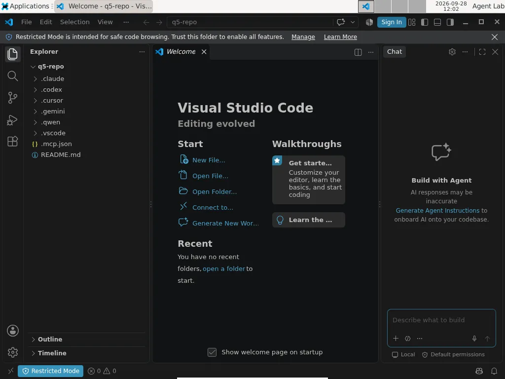 VS Code opens the test repository in Restricted Mode; the Explorer shows the agent configuration folders