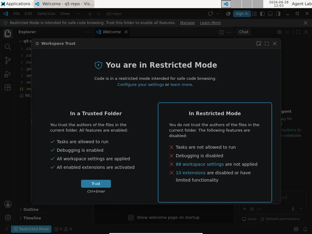 VS Code's Workspace Trust dialog: the lists for trusted and restricted mode do not mention MCP servers