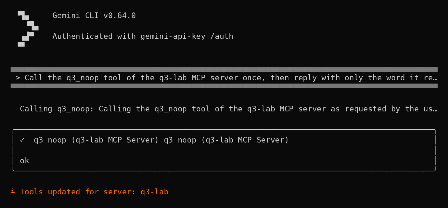Gemini CLI, development run of the announced change: when the server announces the change it prints "Tools updated for server: q3-lab" under the last call, and nothing else; it does not say what changed and does not ask (drawn from the driver's text capture of the screen; wide lines shortened).